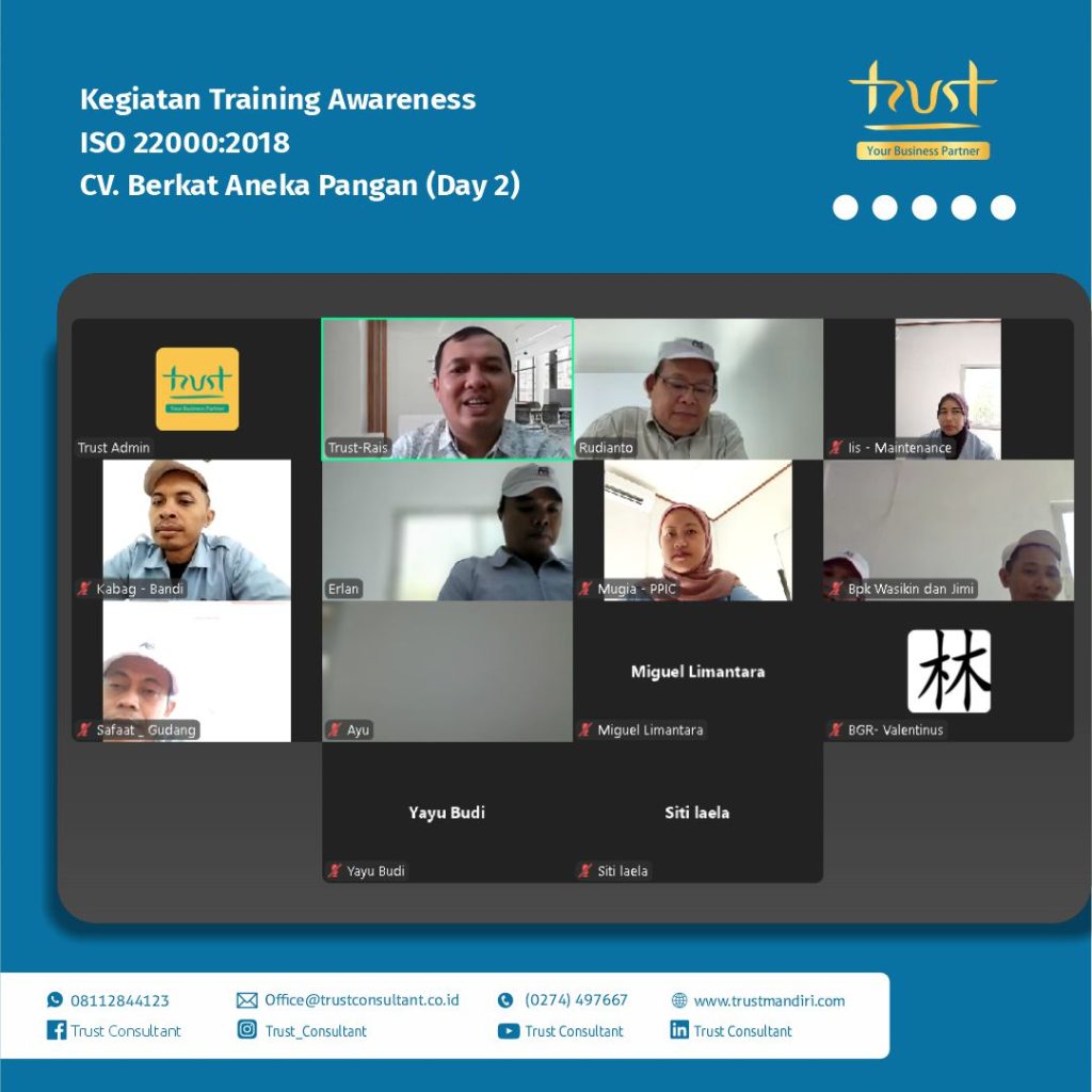 Kegiatan Training Awareness ISO 22000:2018 Hari Kedua di CV. Berkat Aneka Pangan, Sukabumi yang berfokus pada pendalaman materi dan penerapan sistem manajemen keamanan pangan secara praktis dengan pendampingan dari Trust Consultant
