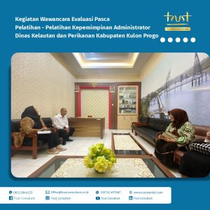 Wawancara evaluasi pasca pelatihan Kepemimpinan Administrator di Dinas Kelautan dan Perikanan Kulon Progo bersama Trust Consultant untuk mengukur efektivitas pengembangan kepemimpinan.